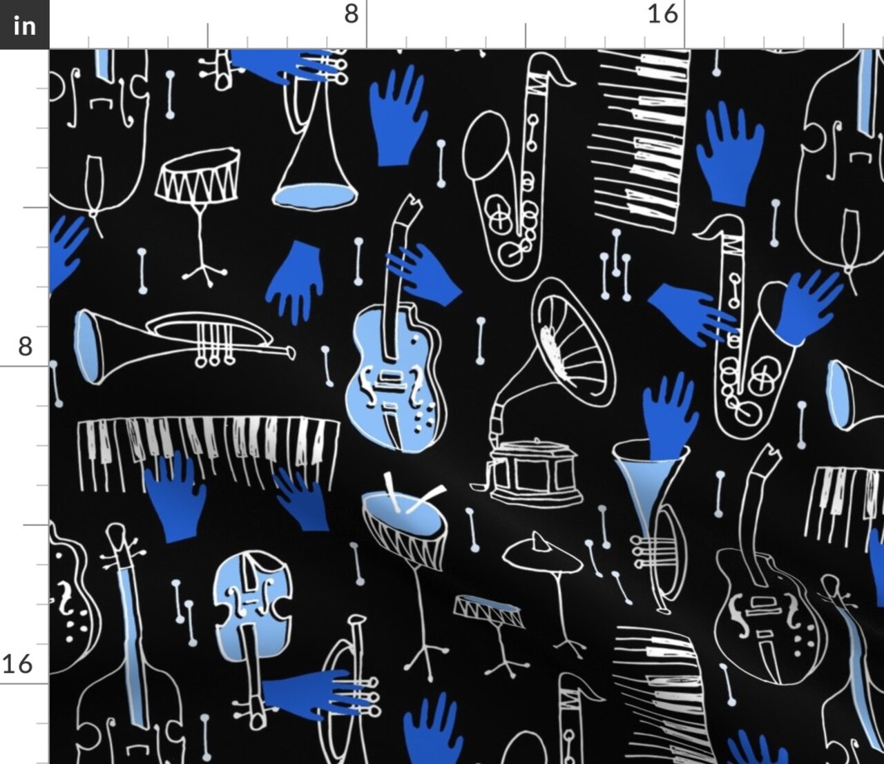 Blue Musical Jazz Music Blues Piano Trumpet American Bass Custom Printed Fabric by Spoonflower Various Fabrics by the Yard or Fat Quarter